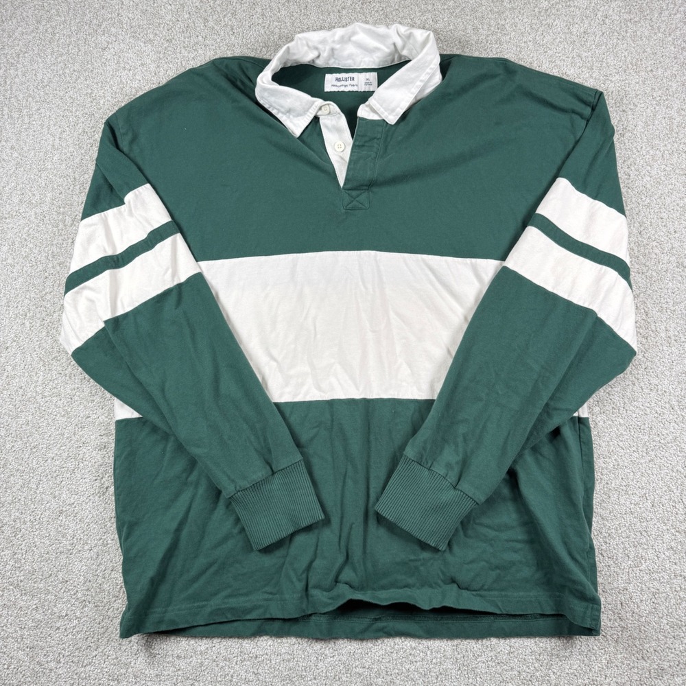 Hollister Rugby Shirt Men XL Green White Colorblock Heavyweight Cotton LS